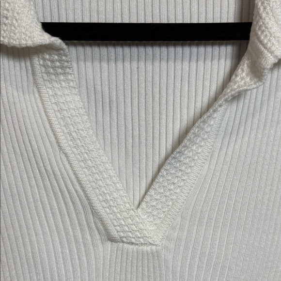 Marled Ribbed Knit Polo Top XL White Short Sleeve Rayon Blend Stretchy - Picture 7 of 9